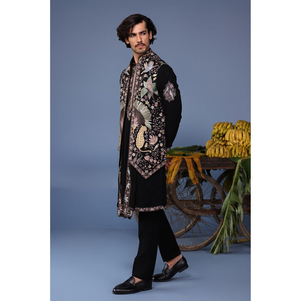 KALPRAAG Black Viscose Embroidered Kurta Jacket Set