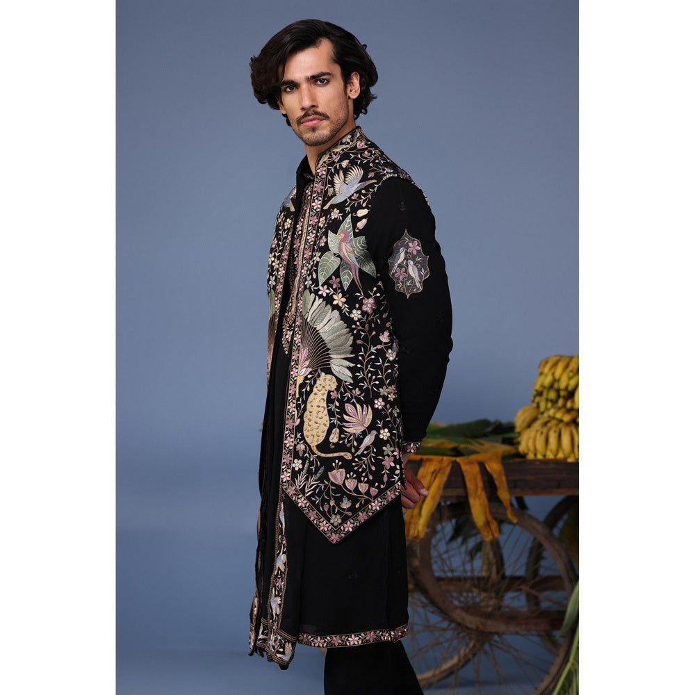 KALPRAAG Black Viscose Embroidered Kurta Jacket Set