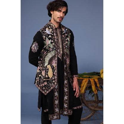 KALPRAAG Black Viscose Embroidered Kurta Jacket Set