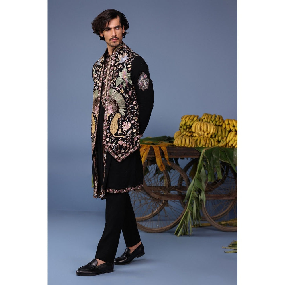 KALPRAAG Black Viscose Embroidered Kurta Jacket Set