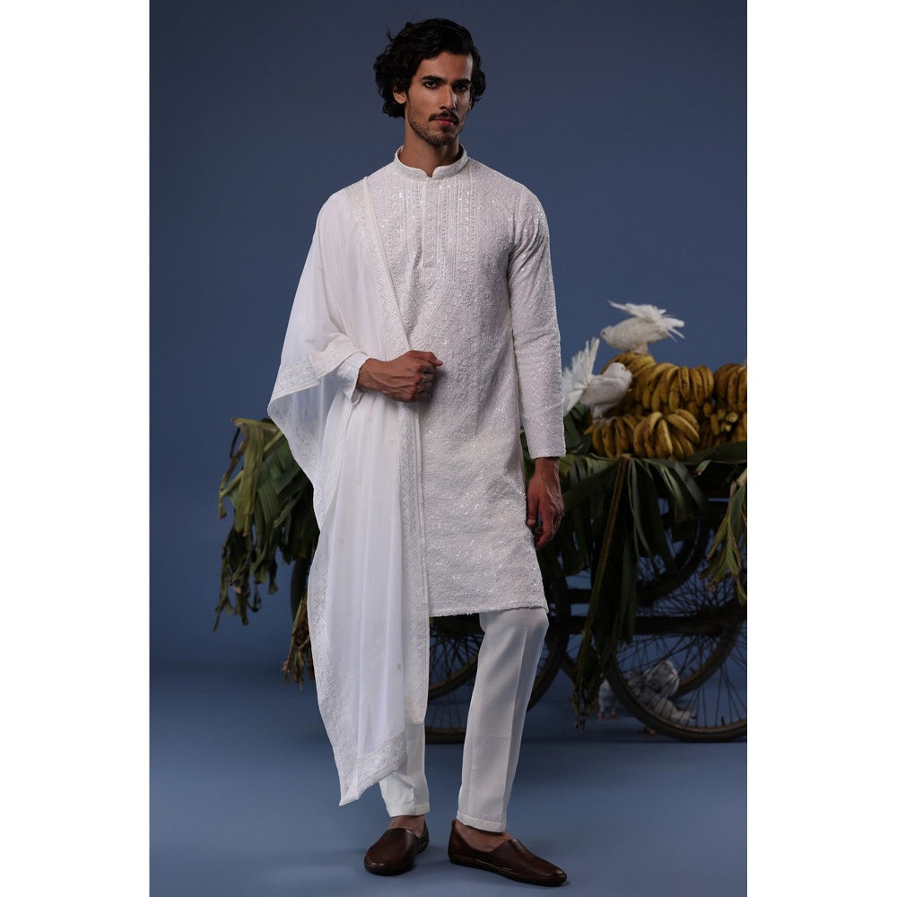 KALPRAAG Ivory Viscose Embroidered Kurta with Trouser and Dupatta