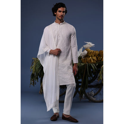 KALPRAAG Ivory Viscose Embroidered Kurta with Trouser and Dupatta