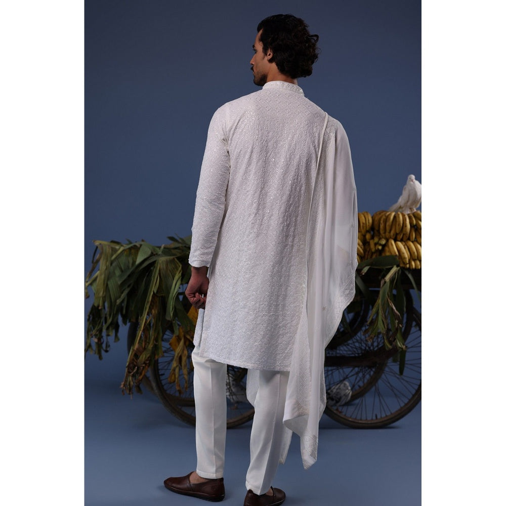 KALPRAAG Ivory Viscose Embroidered Kurta with Trouser and Dupatta