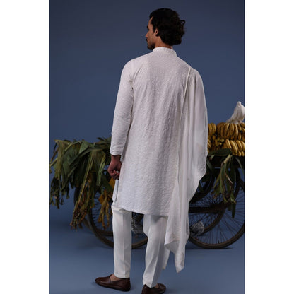 KALPRAAG Ivory Viscose Embroidered Kurta with Trouser and Dupatta