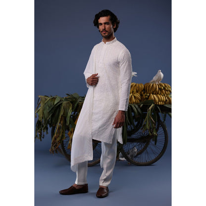 KALPRAAG Ivory Viscose Embroidered Kurta with Trouser and Dupatta