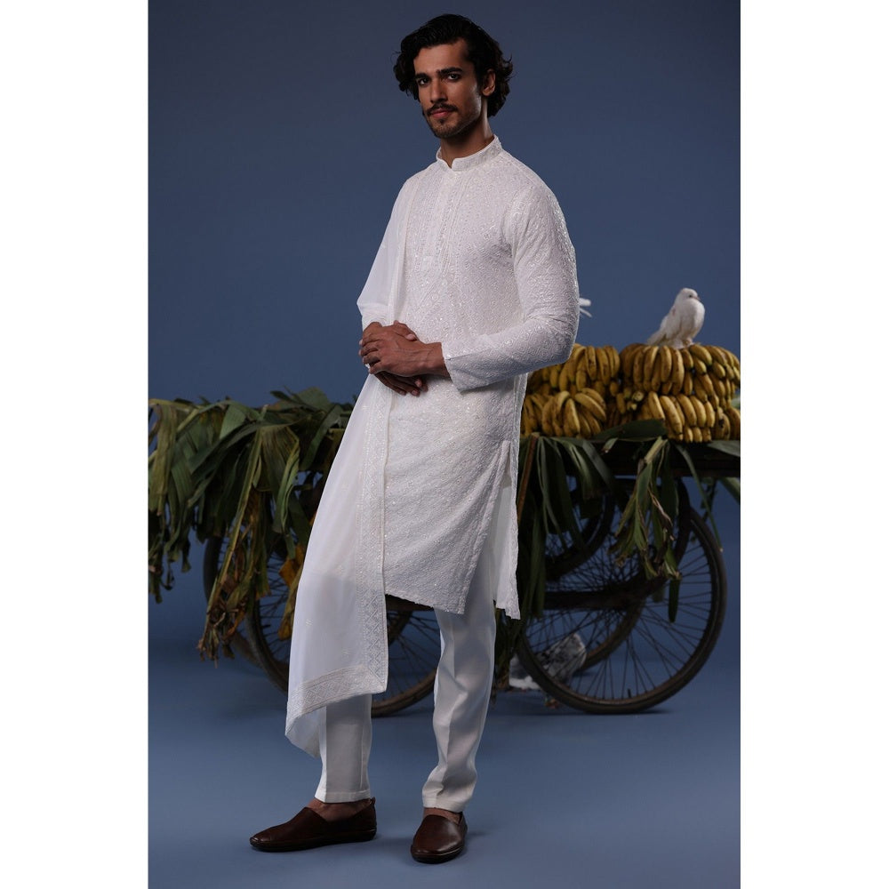 KALPRAAG Ivory Viscose Embroidered Kurta with Trouser and Dupatta