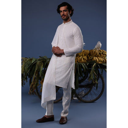 KALPRAAG Ivory Viscose Embroidered Kurta with Trouser and Dupatta