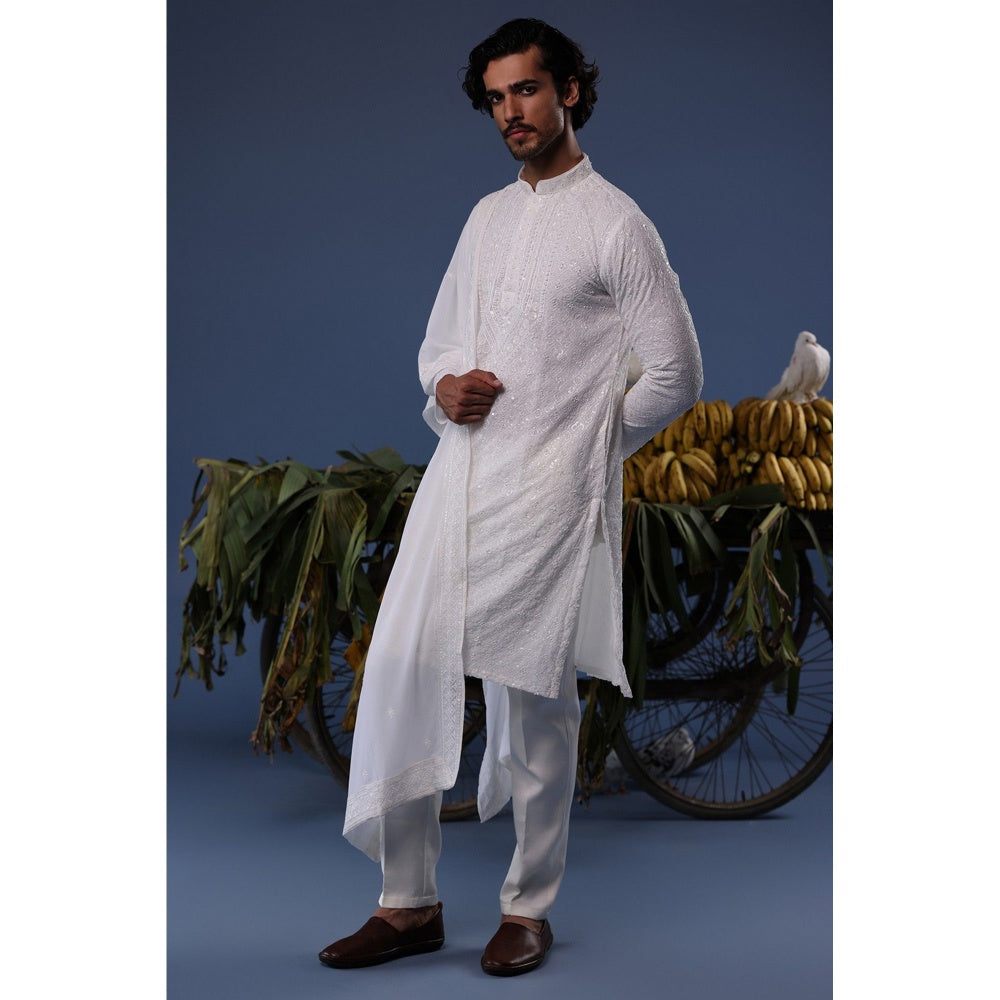 KALPRAAG Ivory Viscose Embroidered Kurta with Trouser and Dupatta