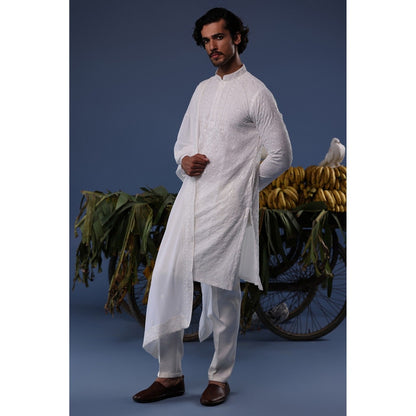 KALPRAAG Ivory Viscose Embroidered Kurta with Trouser and Dupatta