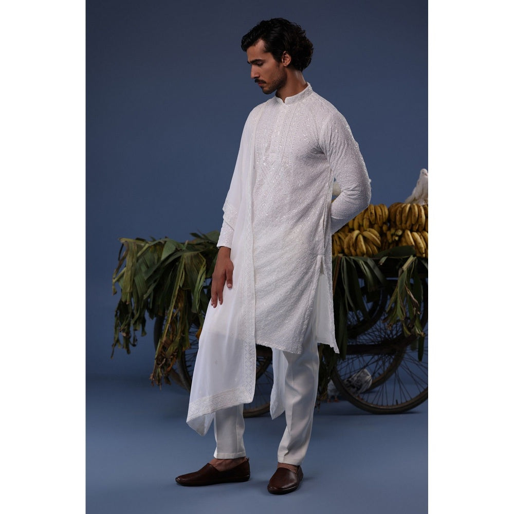 KALPRAAG Ivory Viscose Embroidered Kurta with Trouser and Dupatta