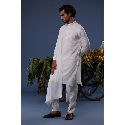 KALPRAAG Ivory Viscose Embroidered Kurta with Trouser and Dupatta