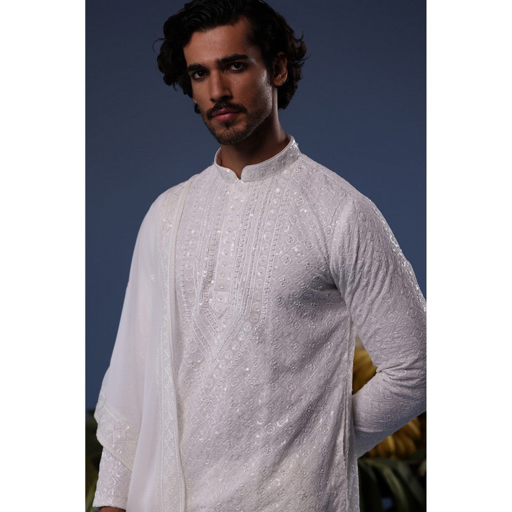 KALPRAAG Ivory Viscose Embroidered Kurta with Trouser and Dupatta