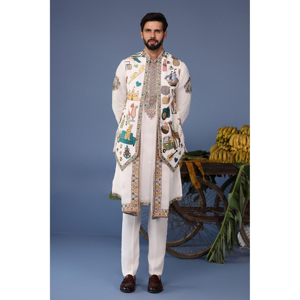 KALPRAAG Ivory Viscose Embroidered Kurta Jacket Set
