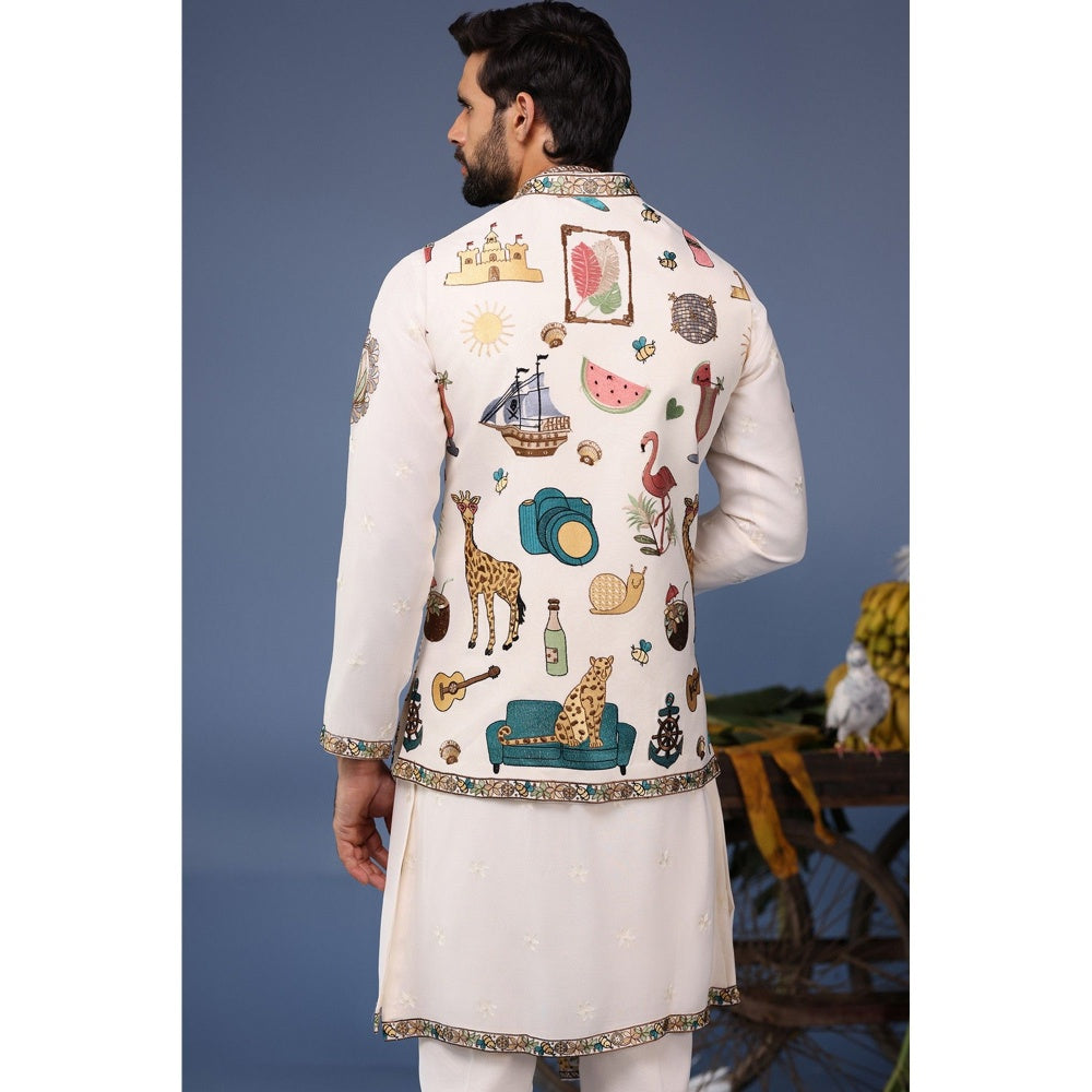 KALPRAAG Ivory Viscose Embroidered Kurta Jacket Set