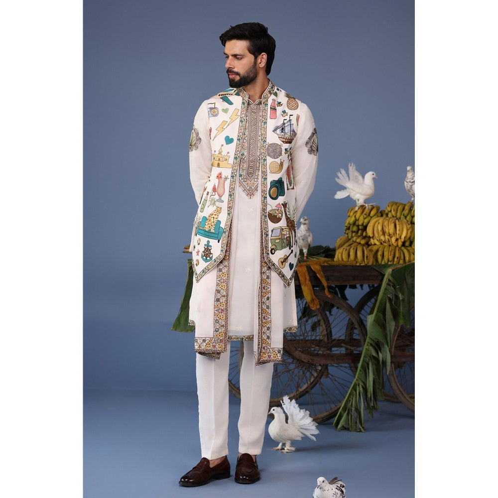 KALPRAAG Ivory Viscose Embroidered Kurta Jacket Set