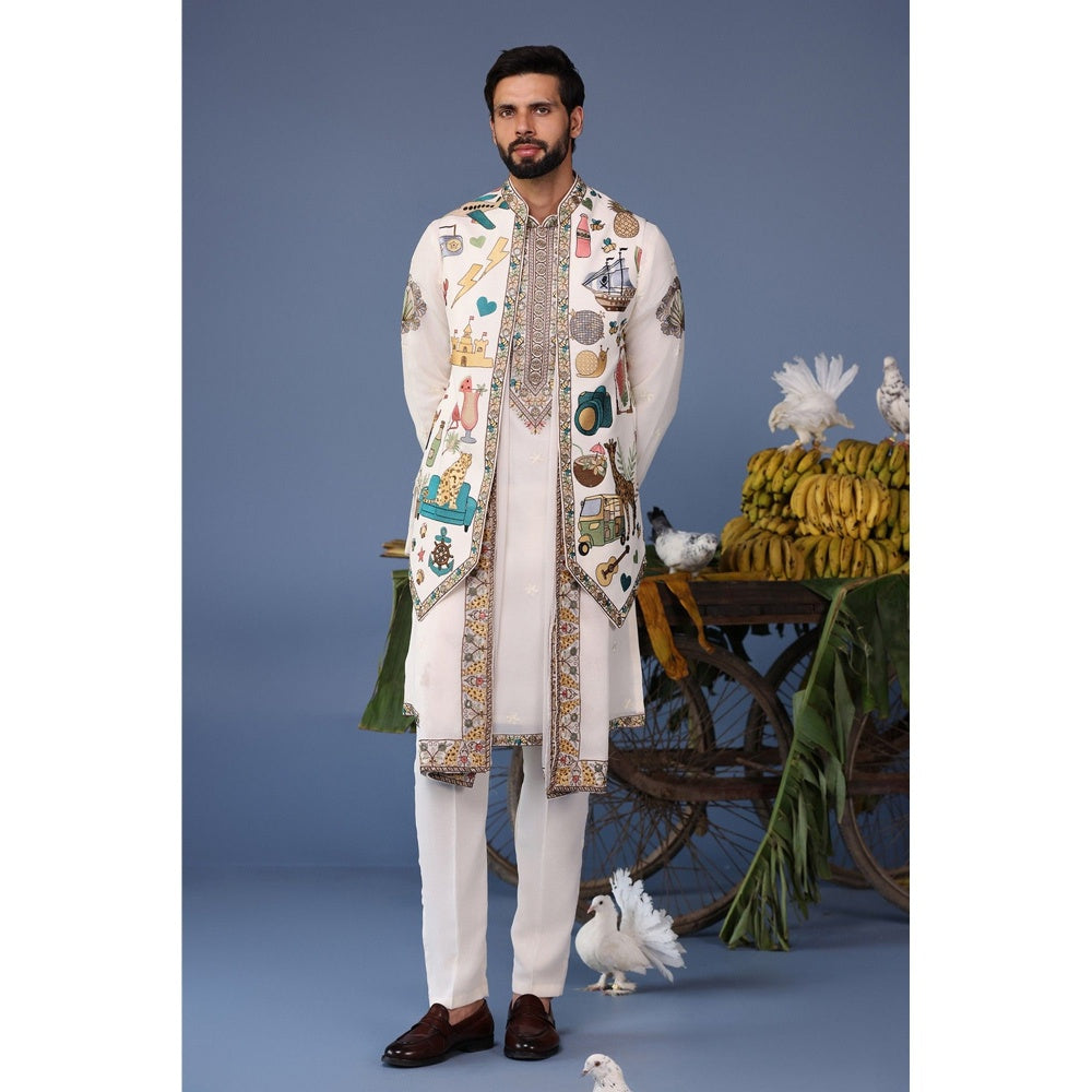 KALPRAAG Ivory Viscose Embroidered Kurta Jacket Set