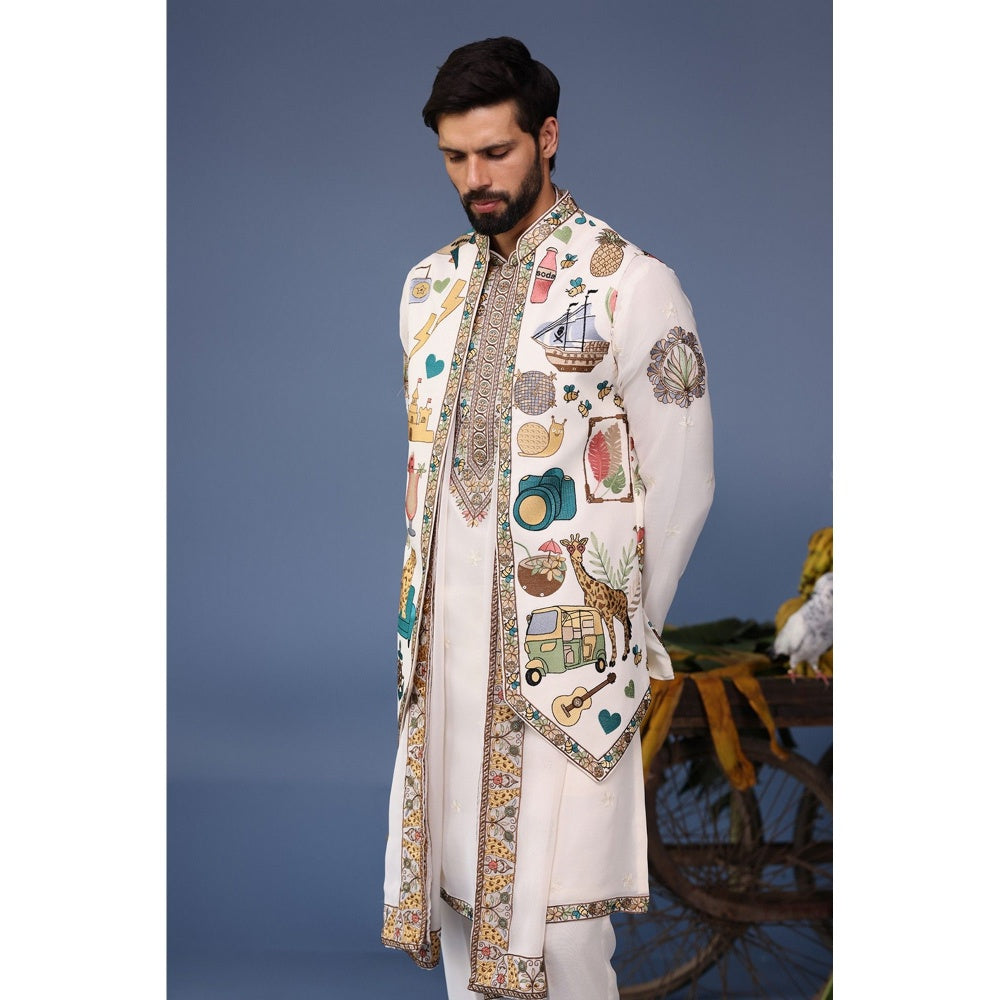 KALPRAAG Ivory Viscose Embroidered Kurta Jacket Set