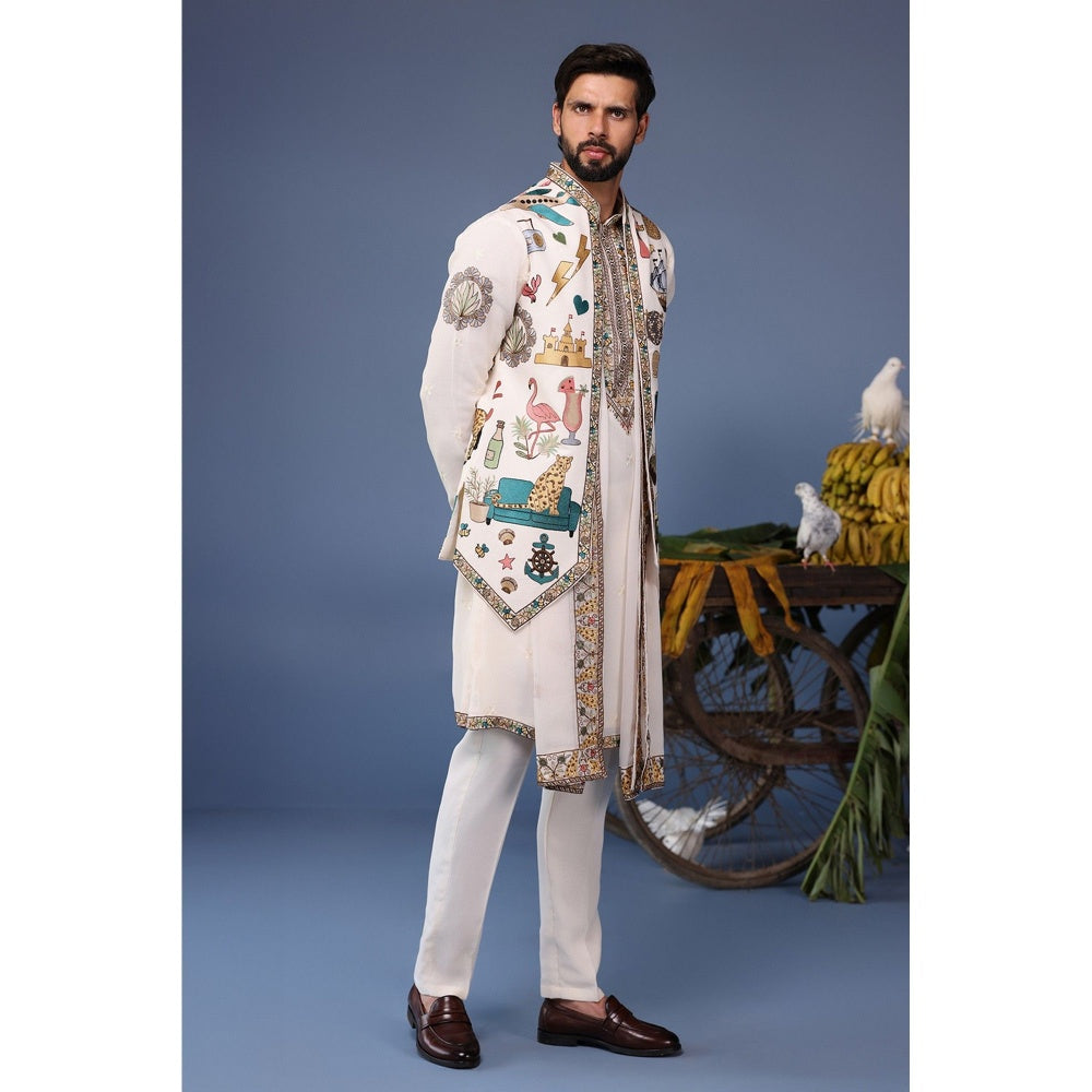 KALPRAAG Ivory Viscose Embroidered Kurta Jacket Set