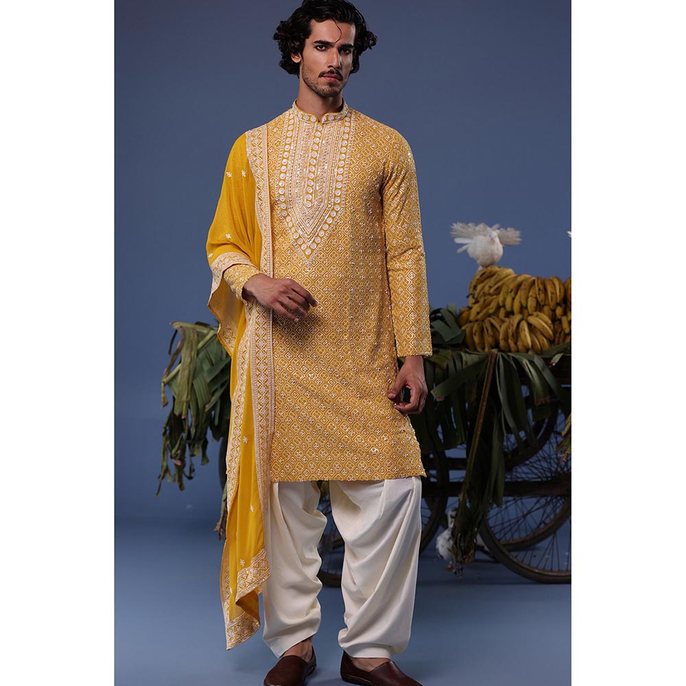 KALPRAAG Yellow Viscose Embroidered Kurta with Salwar and Dupatta
