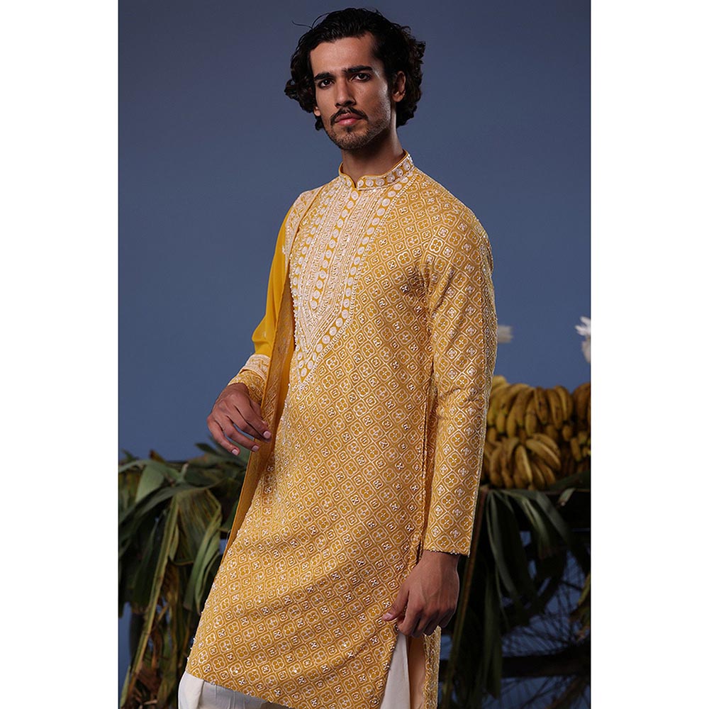 KALPRAAG Yellow Viscose Embroidered Kurta with Salwar and Dupatta