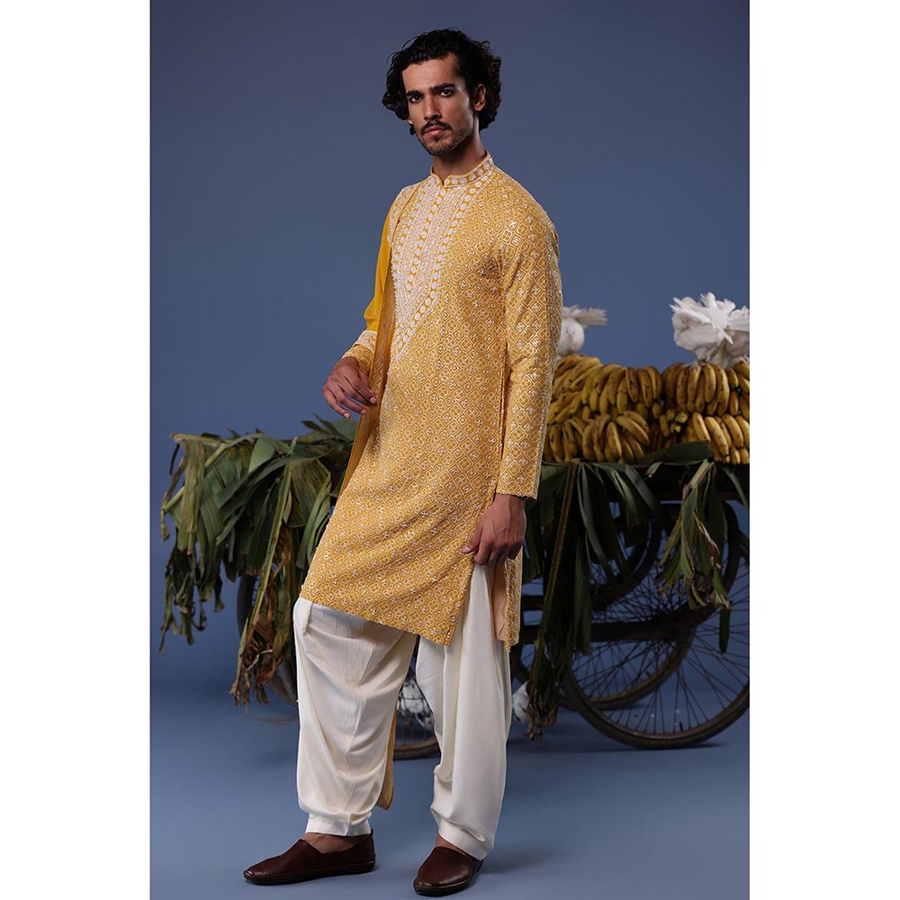 KALPRAAG Yellow Viscose Embroidered Kurta with Salwar and Dupatta