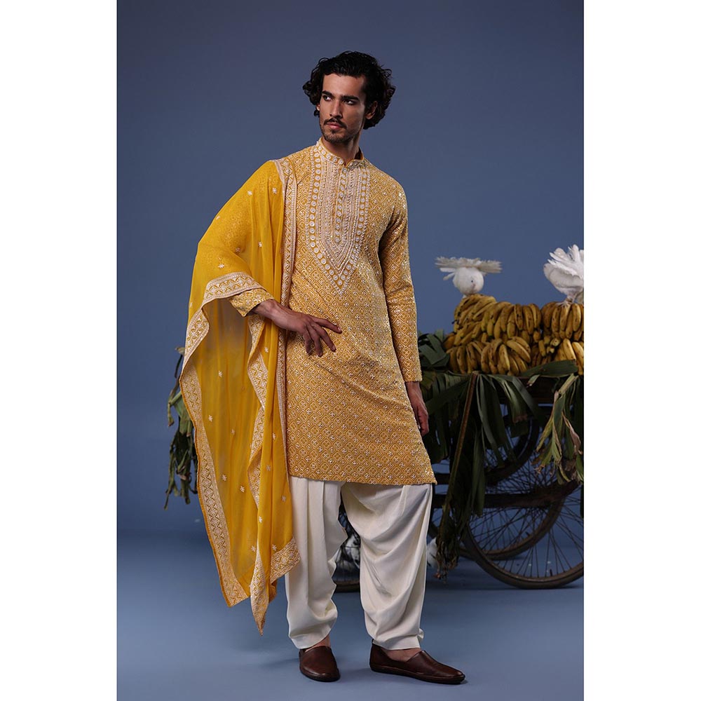 KALPRAAG Yellow Viscose Embroidered Kurta with Salwar and Dupatta