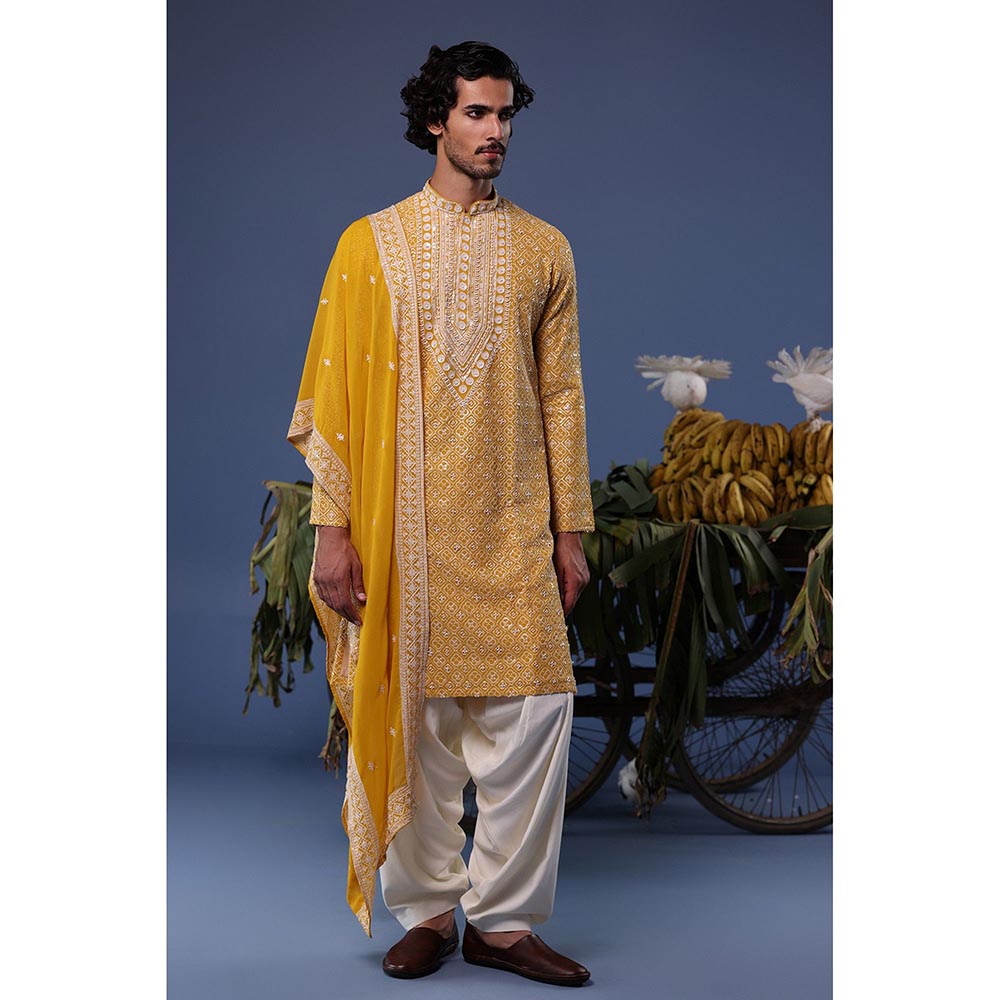 KALPRAAG Yellow Viscose Embroidered Kurta with Salwar and Dupatta