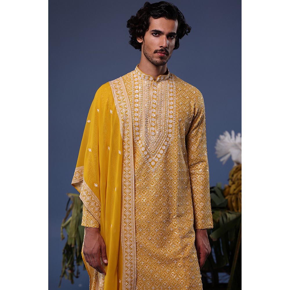 KALPRAAG Yellow Viscose Embroidered Kurta with Salwar and Dupatta