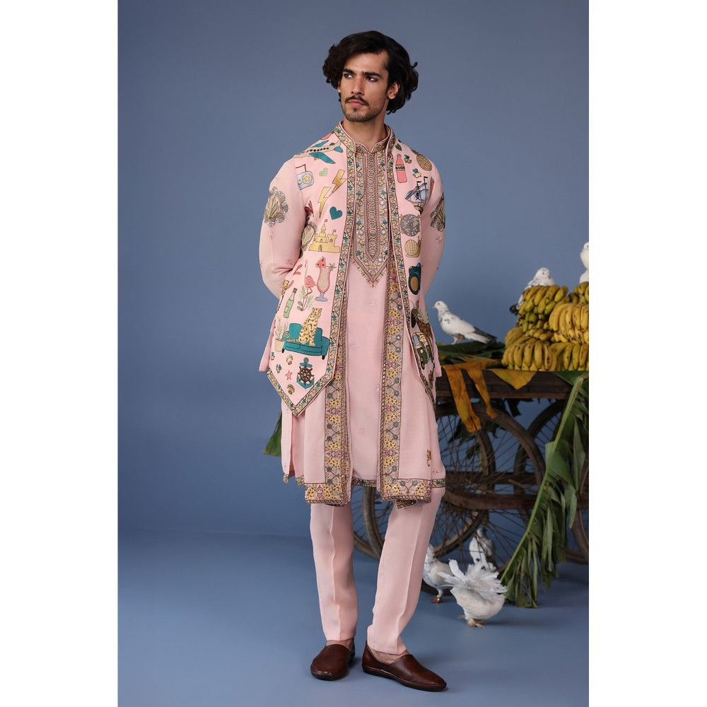KALPRAAG Pink Viscose Embroidered Kurta Jacket Set