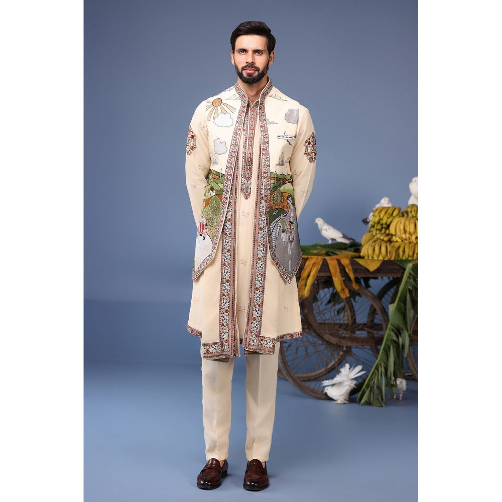 KALPRAAG Ivory Viscose Embroidered Kurta Jacket Set