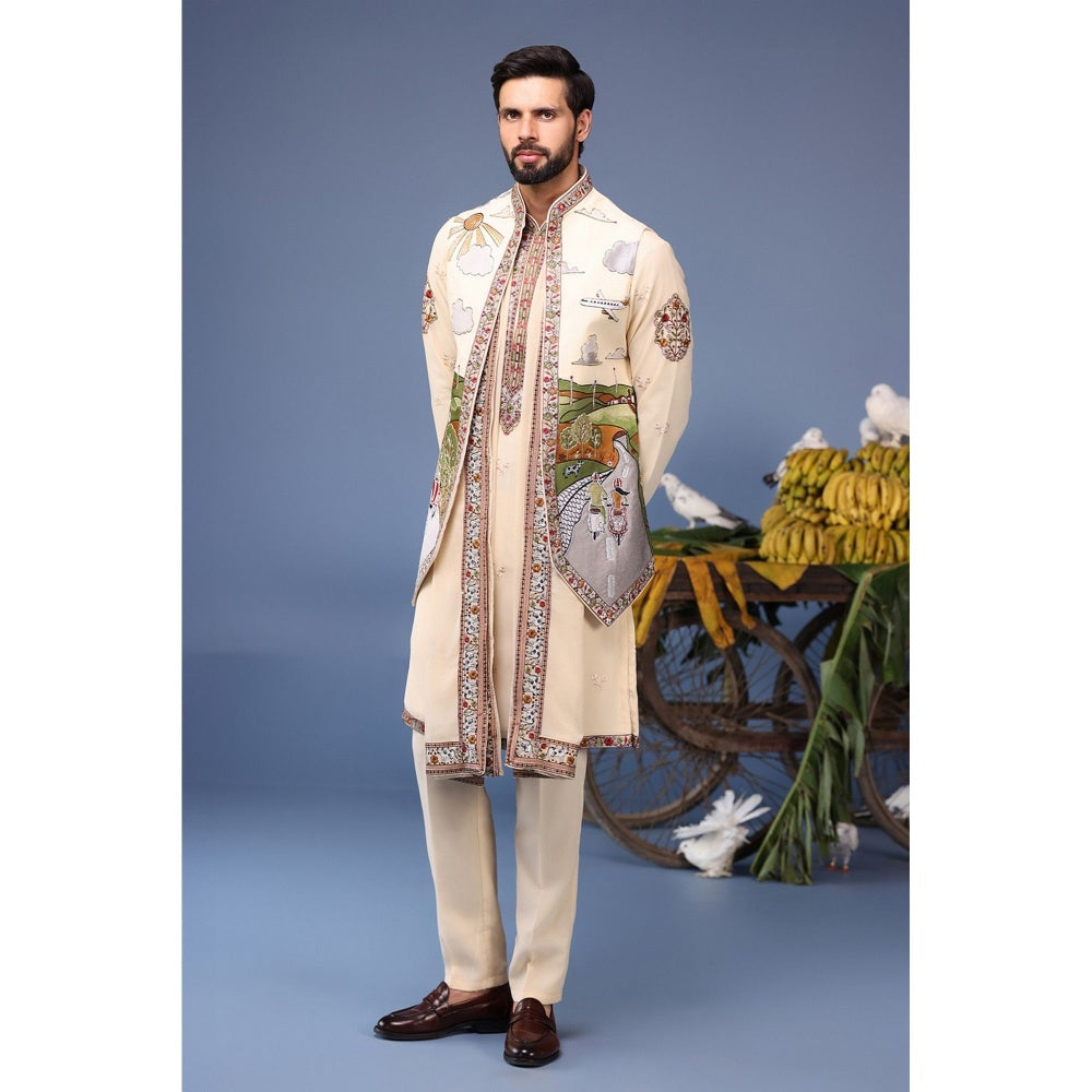 KALPRAAG Ivory Viscose Embroidered Kurta Jacket Set
