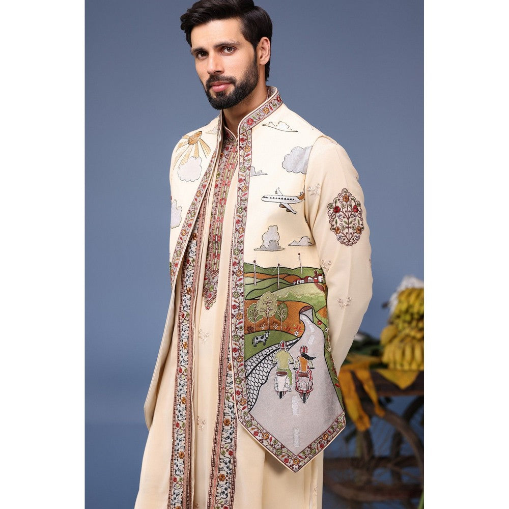 KALPRAAG Ivory Viscose Embroidered Kurta Jacket Set