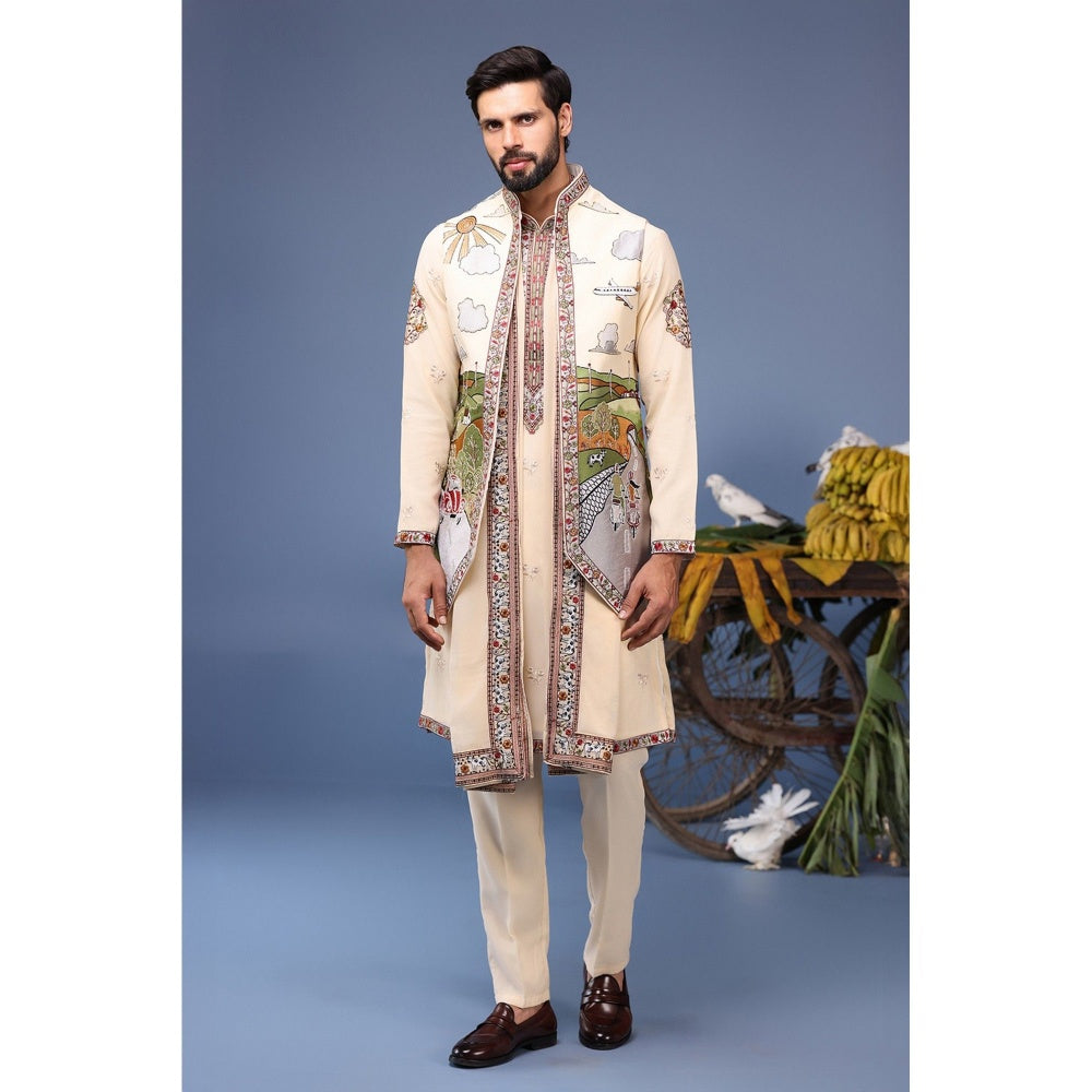 KALPRAAG Ivory Viscose Embroidered Kurta Jacket Set
