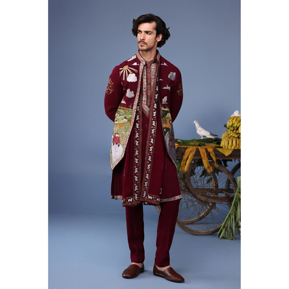 KALPRAAG Wine Viscose Embroidered Kurta Jacket Set