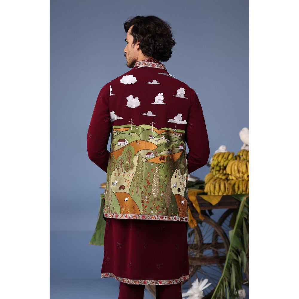 KALPRAAG Wine Viscose Embroidered Kurta Jacket Set