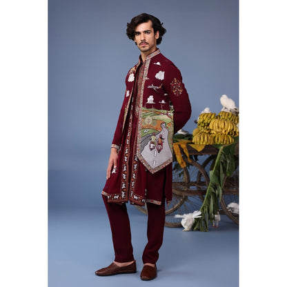 KALPRAAG Wine Viscose Embroidered Kurta Jacket Set