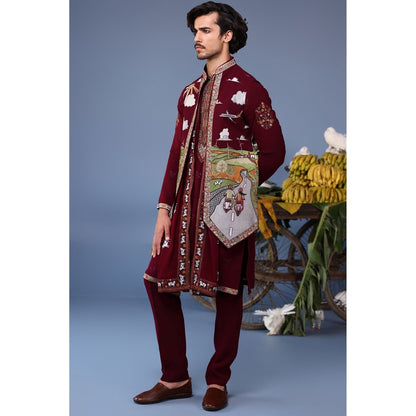 KALPRAAG Wine Viscose Embroidered Kurta Jacket Set