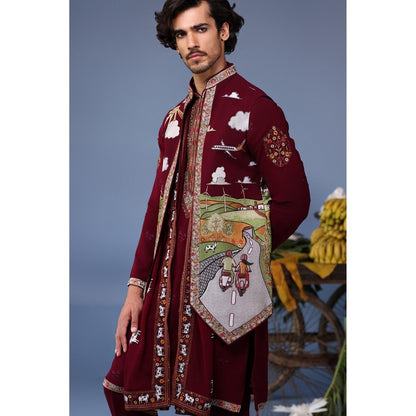 KALPRAAG Wine Viscose Embroidered Kurta Jacket Set