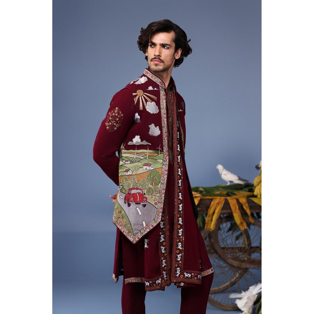 KALPRAAG Wine Viscose Embroidered Kurta Jacket Set