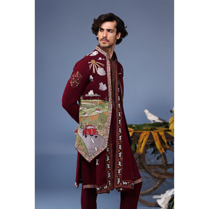 KALPRAAG Wine Viscose Embroidered Kurta Jacket Set