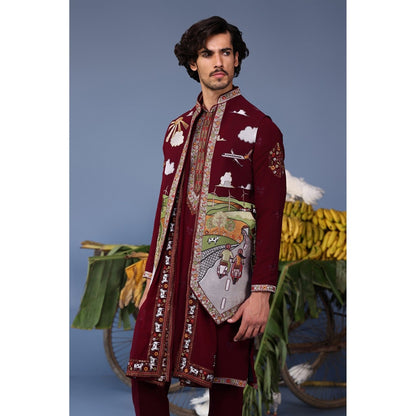 KALPRAAG Wine Viscose Embroidered Kurta Jacket Set