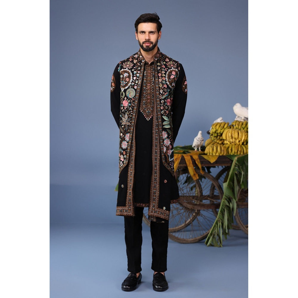 KALPRAAG Black Viscose Embroidered Kurta Jacket Set