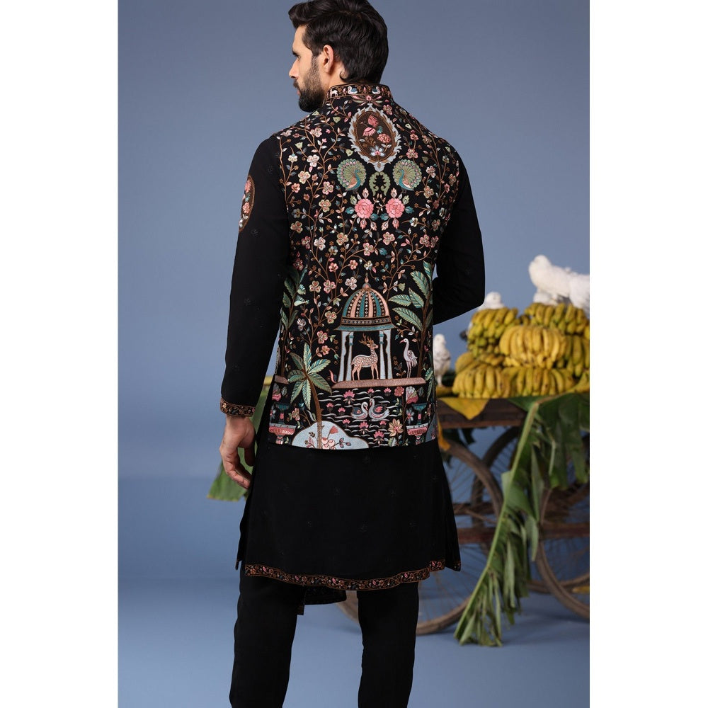KALPRAAG Black Viscose Embroidered Kurta Jacket Set