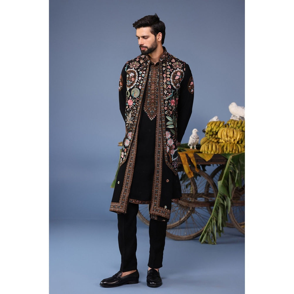 KALPRAAG Black Viscose Embroidered Kurta Jacket Set