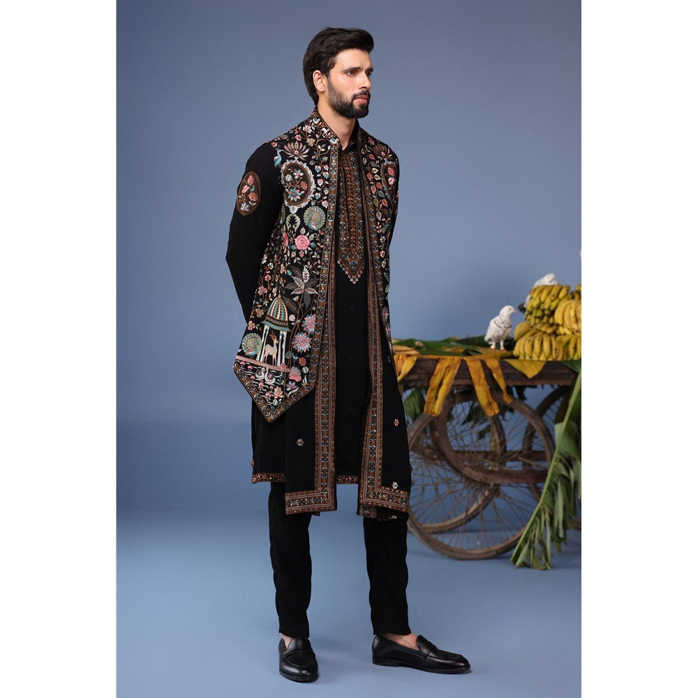 KALPRAAG Black Viscose Embroidered Kurta Jacket Set