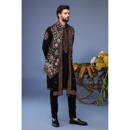 KALPRAAG Black Viscose Embroidered Kurta Jacket Set