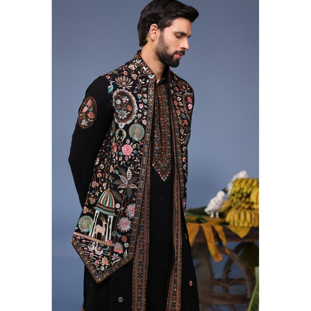 KALPRAAG Black Viscose Embroidered Kurta Jacket Set