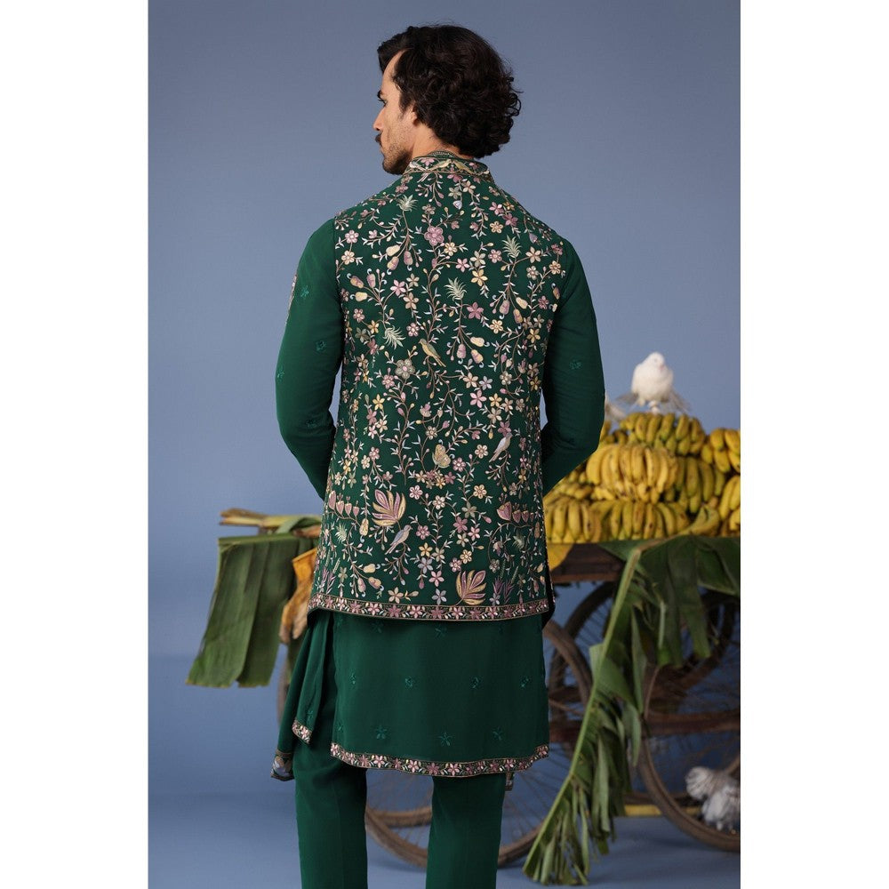 KALPRAAG Green Viscose Embroidered Kurta Jacket Set