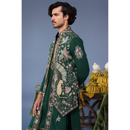 KALPRAAG Green Viscose Embroidered Kurta Jacket Set