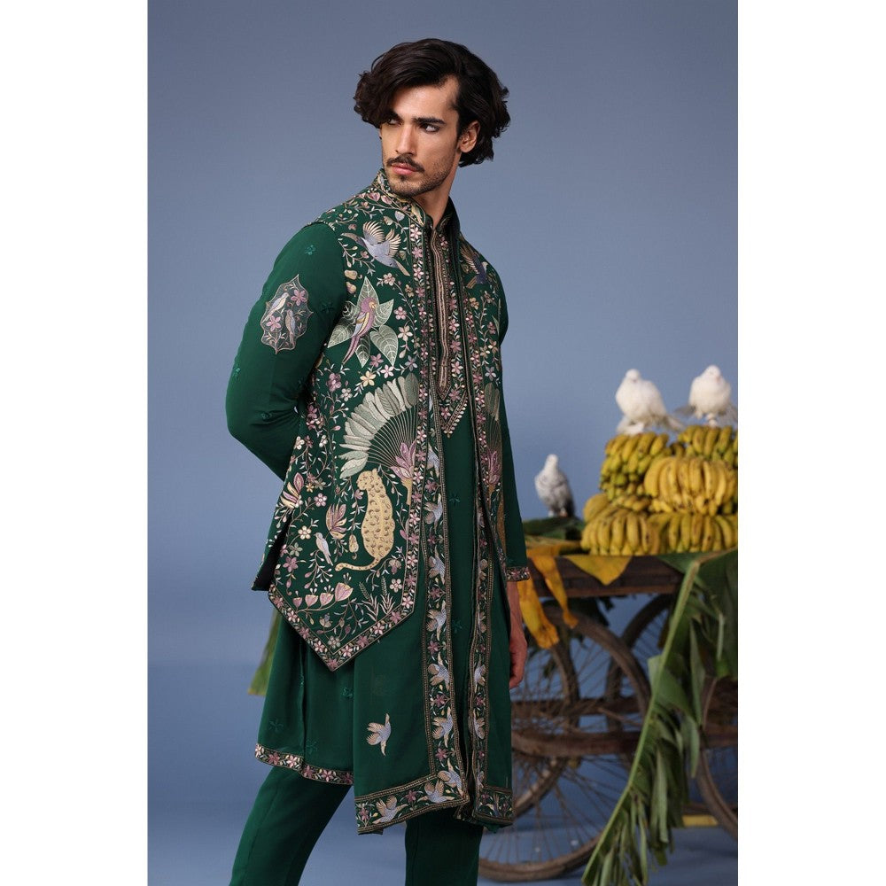KALPRAAG Green Viscose Embroidered Kurta Jacket Set
